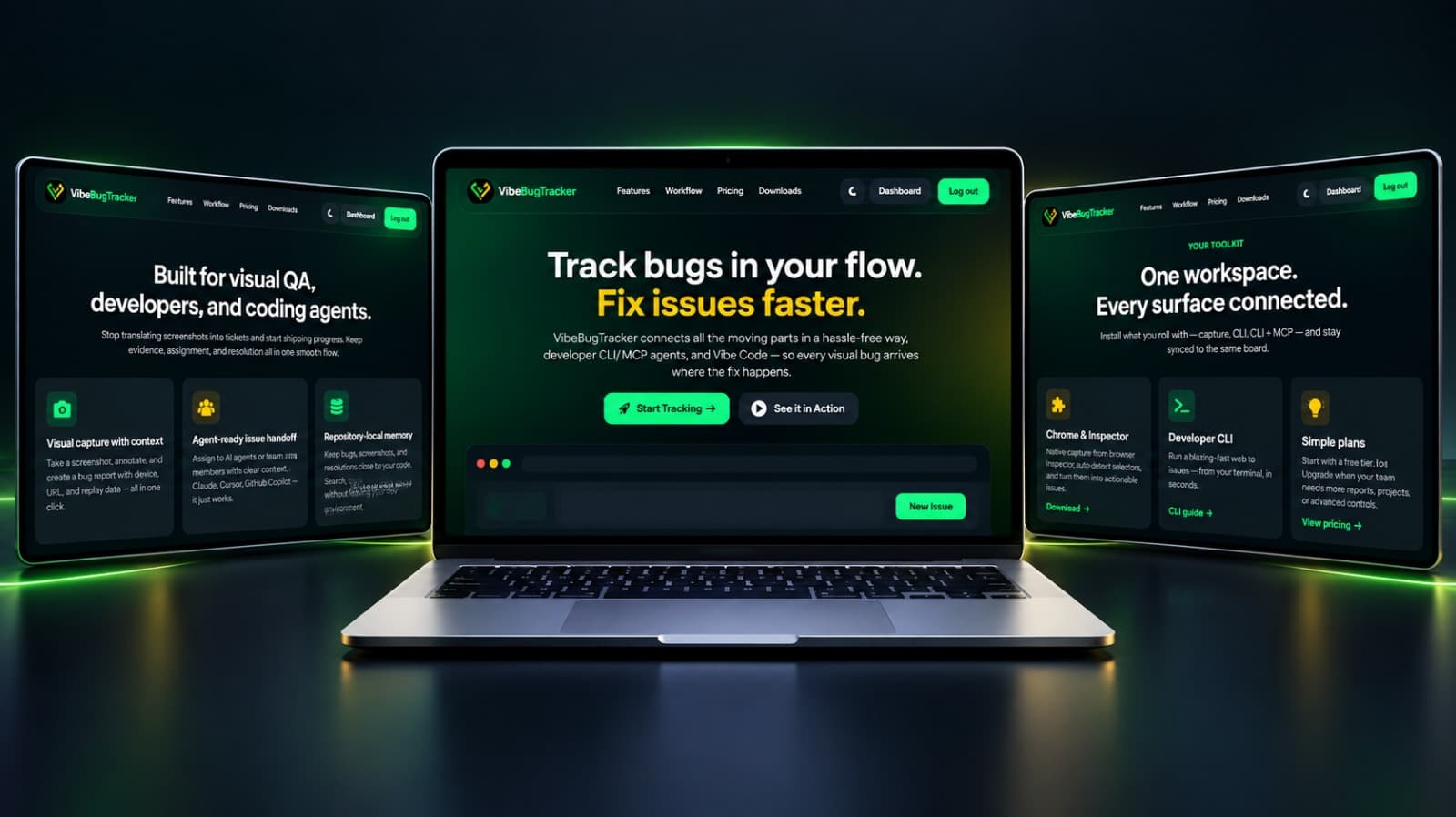 VibeBugTracker landing page showing visual bug capture and fix workflow